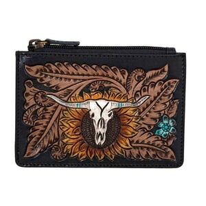 Myra Longhorn Flower Mini Hand-tooled Leather Card Holder Sunflower S-8480